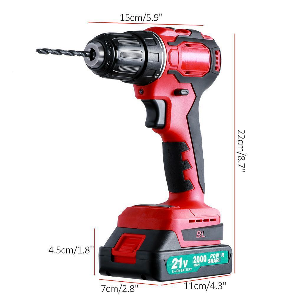 21V Brushless Electric Drill 3/8 Inches Cordless Screwdriver Rechargeable Home Power Tool with 2000mAh Battery & Drill Bit