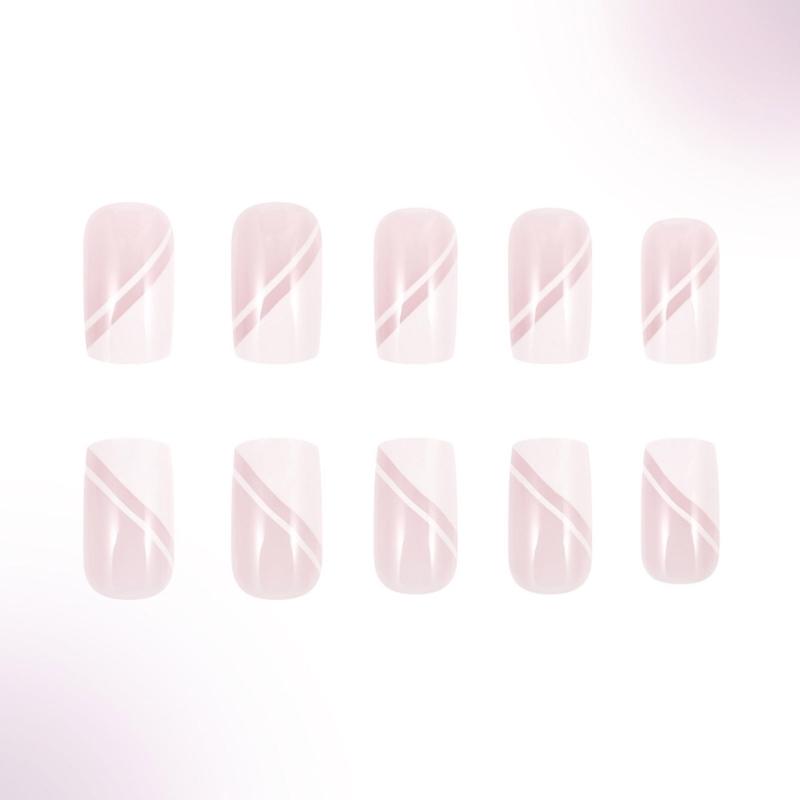 24 Pcs Simple Lines Stick On Nail Pink White Press On Nail Glossy Full Cover False Nail Artificial Nail for Woman