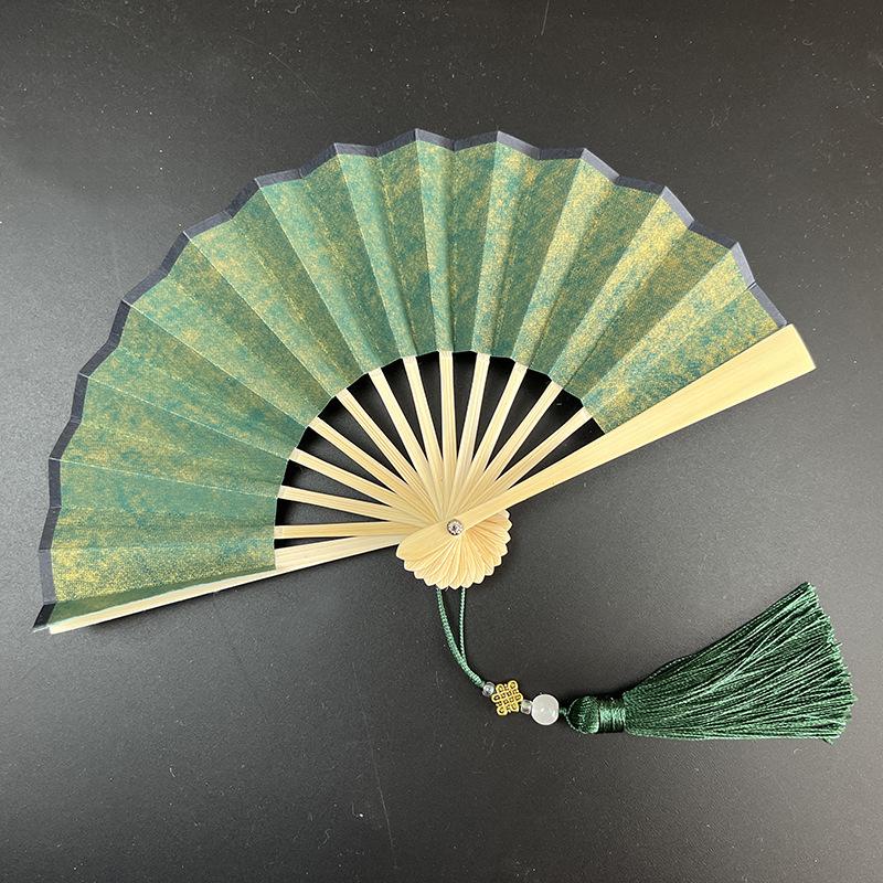 Ventaglio pieghevole mini in carta Xuan verde scuro dorata da 4-6 pollici per calligrafia e pittura