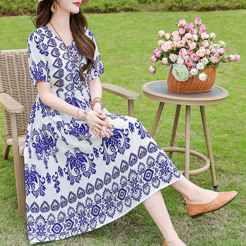Elegant Women's Dress Summer Vintage Clothes Loose Short Sleeve Plus Size Casual Long Dresses