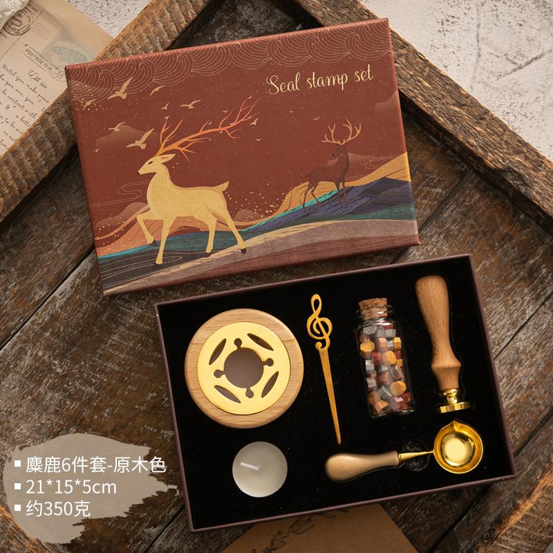 Wax Seal Stamp Kit Vintage Reindeer Gift Box Wax Furnace Seal Round Wax Set Wooden Handle Wax Seal Kit