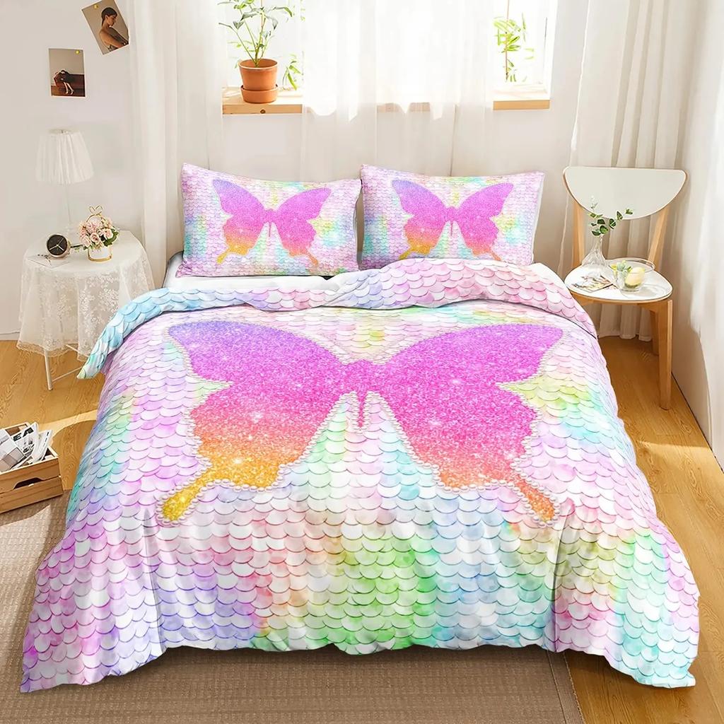 Romantic Style Duvet Cover Set Fairy Girl Bedding Set,Girls Women Couple Flying Butterflies Decor Fantasy Pink Comforter Cover