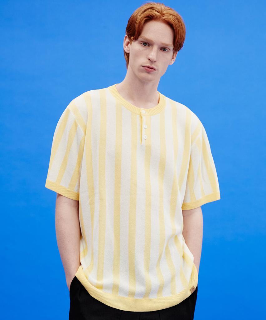 WAIKEI Striped Henley Neck Short Sleeve Knit Light Yellow