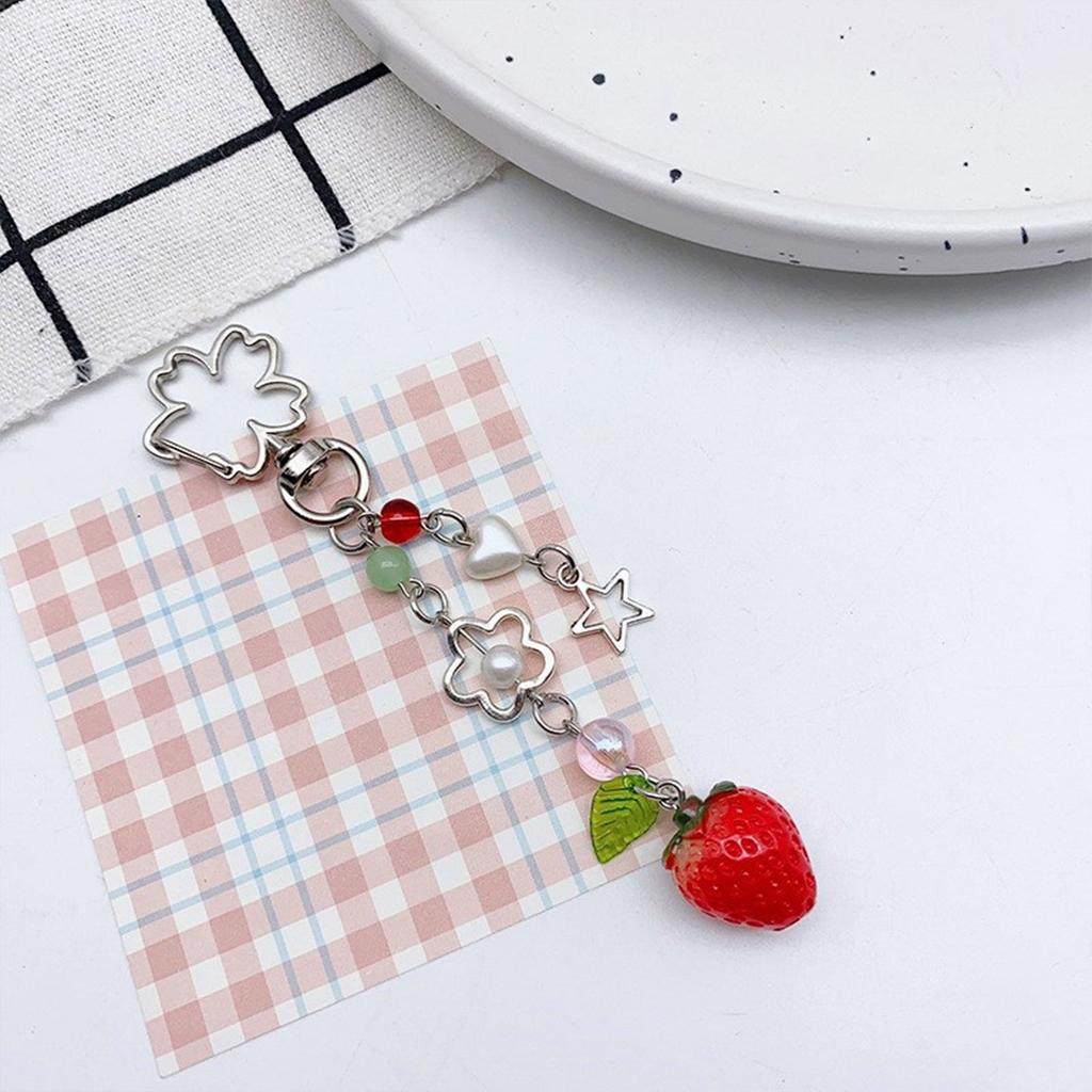 Cute Strawberry Phone Chain Ornament Heart Beaded Cellphone Pendant Phone Lanyard Bag Charm for Fashionable Individuals