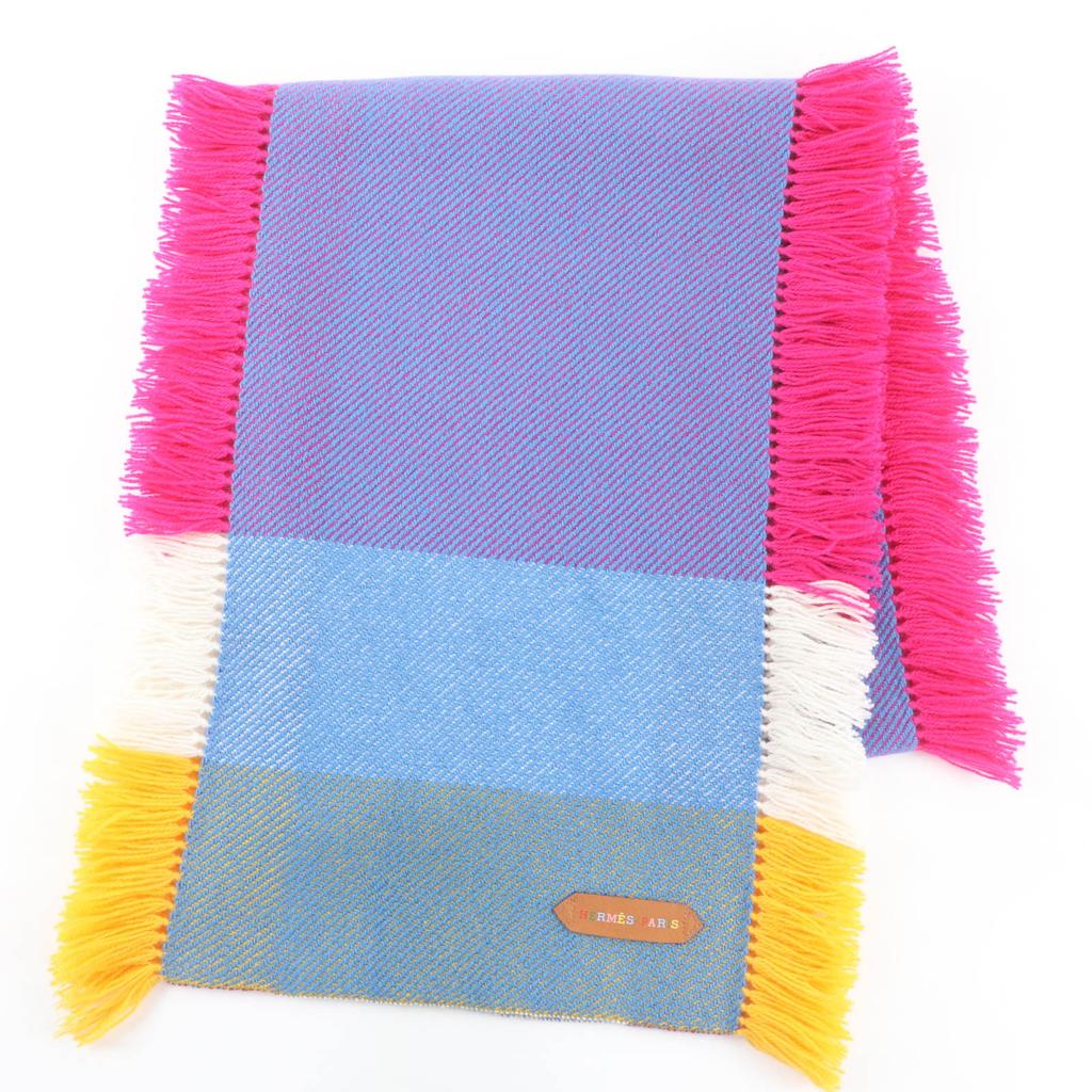 Excellent HERMES Scarf Knit stole with logo patch and side fringe cashmere Used