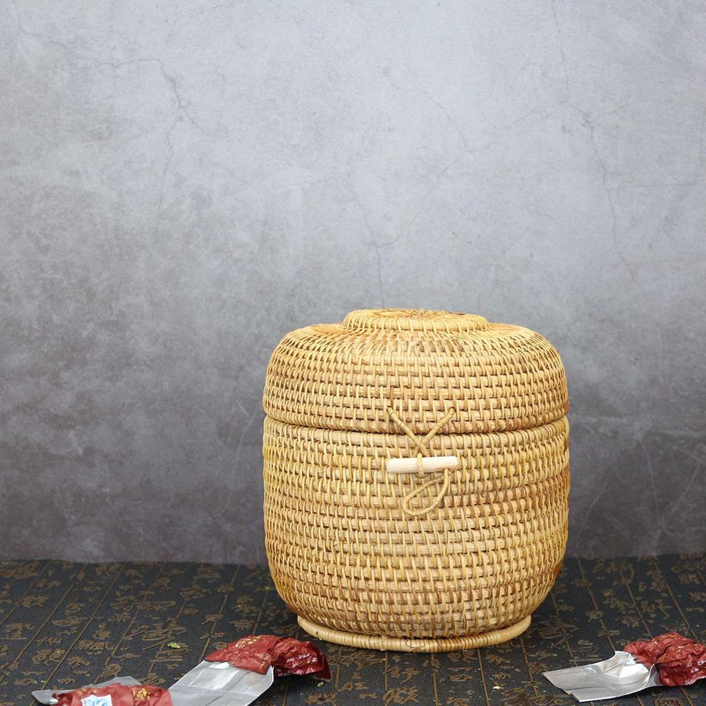 Lidded Tea Organizer, Rattan Basket for Storing Candy And Snacks