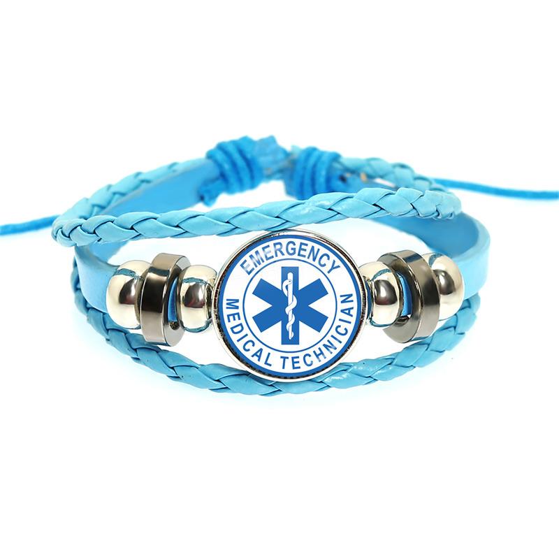 Emergency Medical Technician Paramedic Symbol Logo Black Button Leather Bracelet Glass Dome Blue Star of Life Logo Jewelry