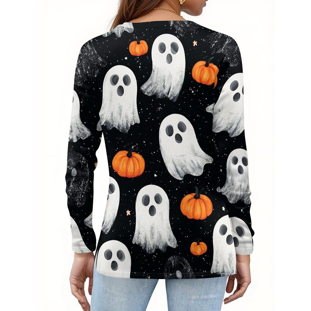 Women's Casual Long Sleeve V-Neck Halloween Print T-Shirt with Decorative Buttons