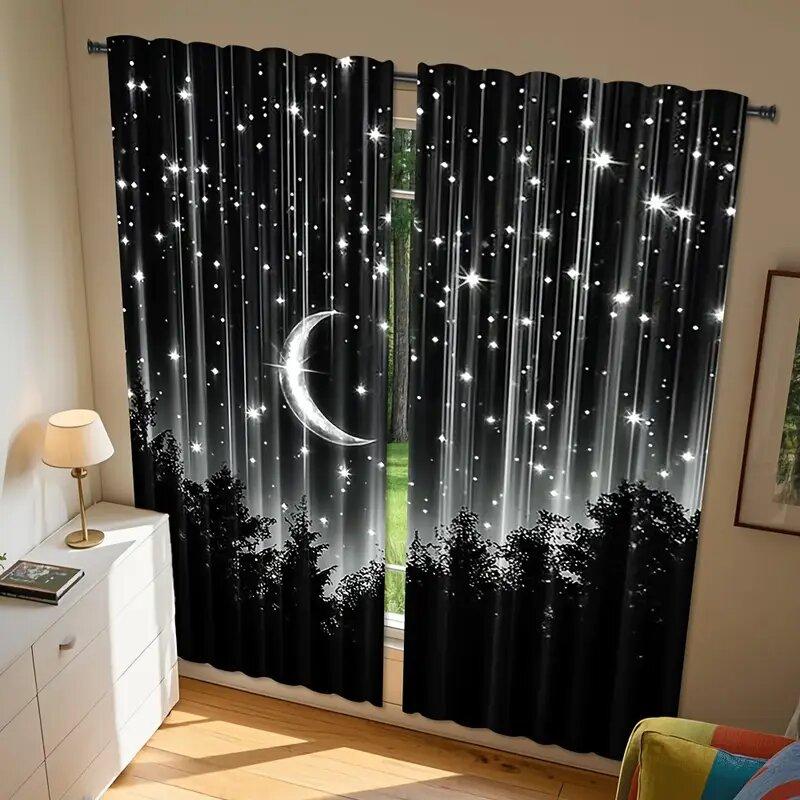 2pcs -The night in the forest, the moon print curtains, pole bag curtains, home decoration, room decoration