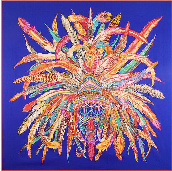 Luxury Brand Feather Design Winter Square Scarf 130cm Twill Silk Scarf Women Kerchief Scarves For Ladies Fashion Shawl Echarpe