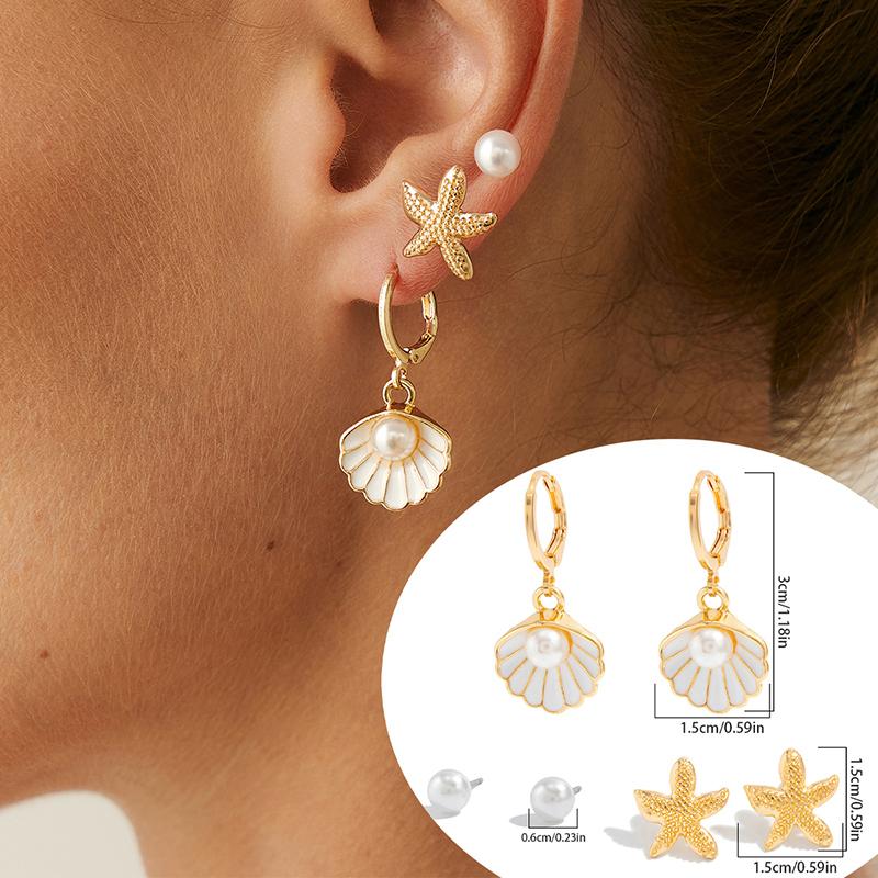 Ocean Series Flower Starfish Bow Shell C-Shaped Earrings Sets for Women Retro High-End Sweet Earrings Vacation Jewelry Accessory