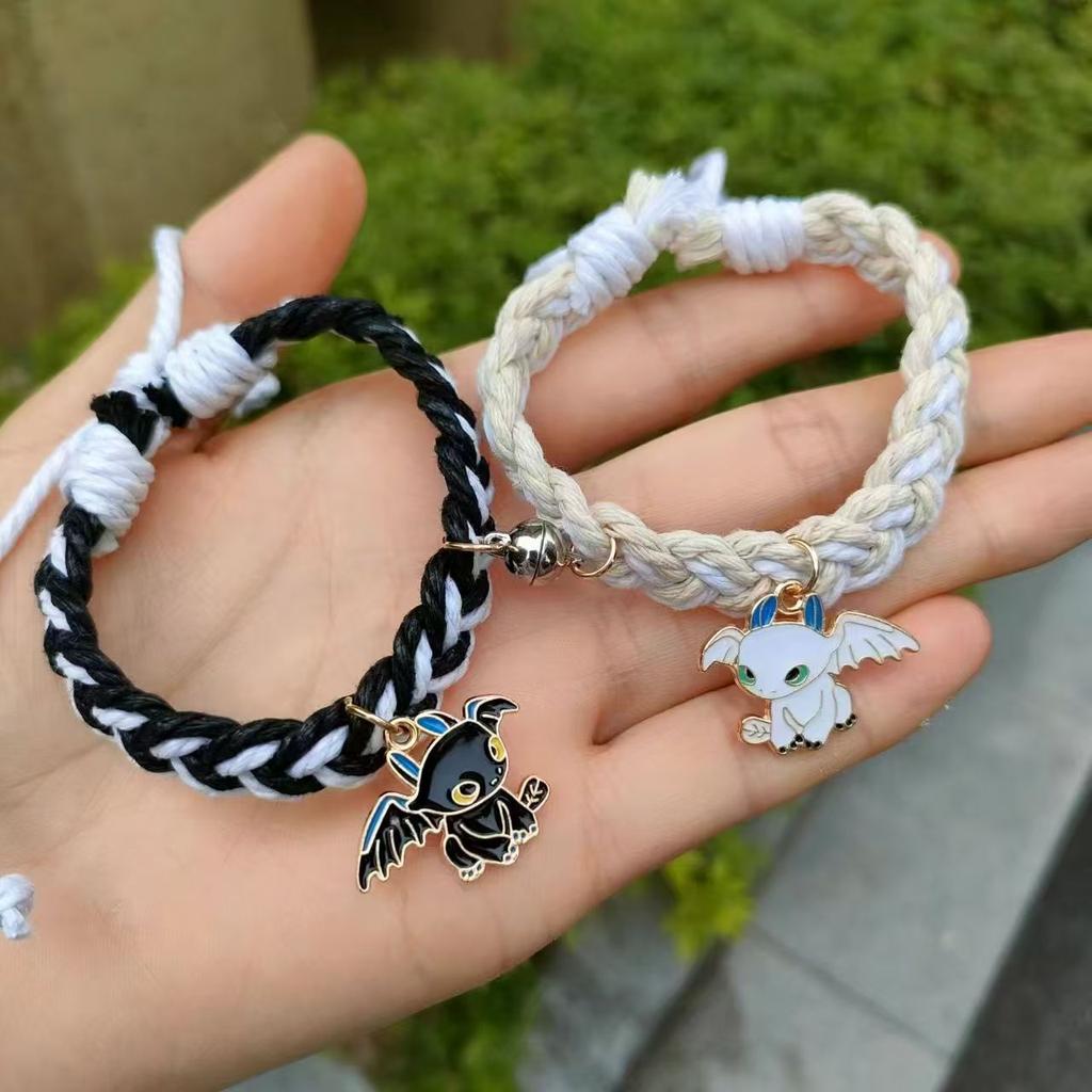 Adjustable Black and White Toothless Cartoon Cute Couple Magnet Bracelet with Magnetic Attraction for Friends