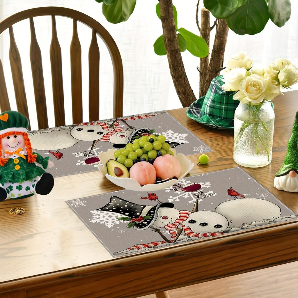 1/2/4/6/8pcs Multicolor Gray Snowman Snowflake "Let It Snow" Winter Christmas Placemats for Party Kitchen Dining Table Decor, 12 X 18 Inches