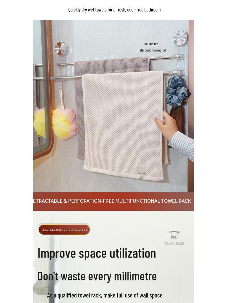 Retractable No-Drill Suction Cup Towel Rack and Hook for Bathroom Storage
