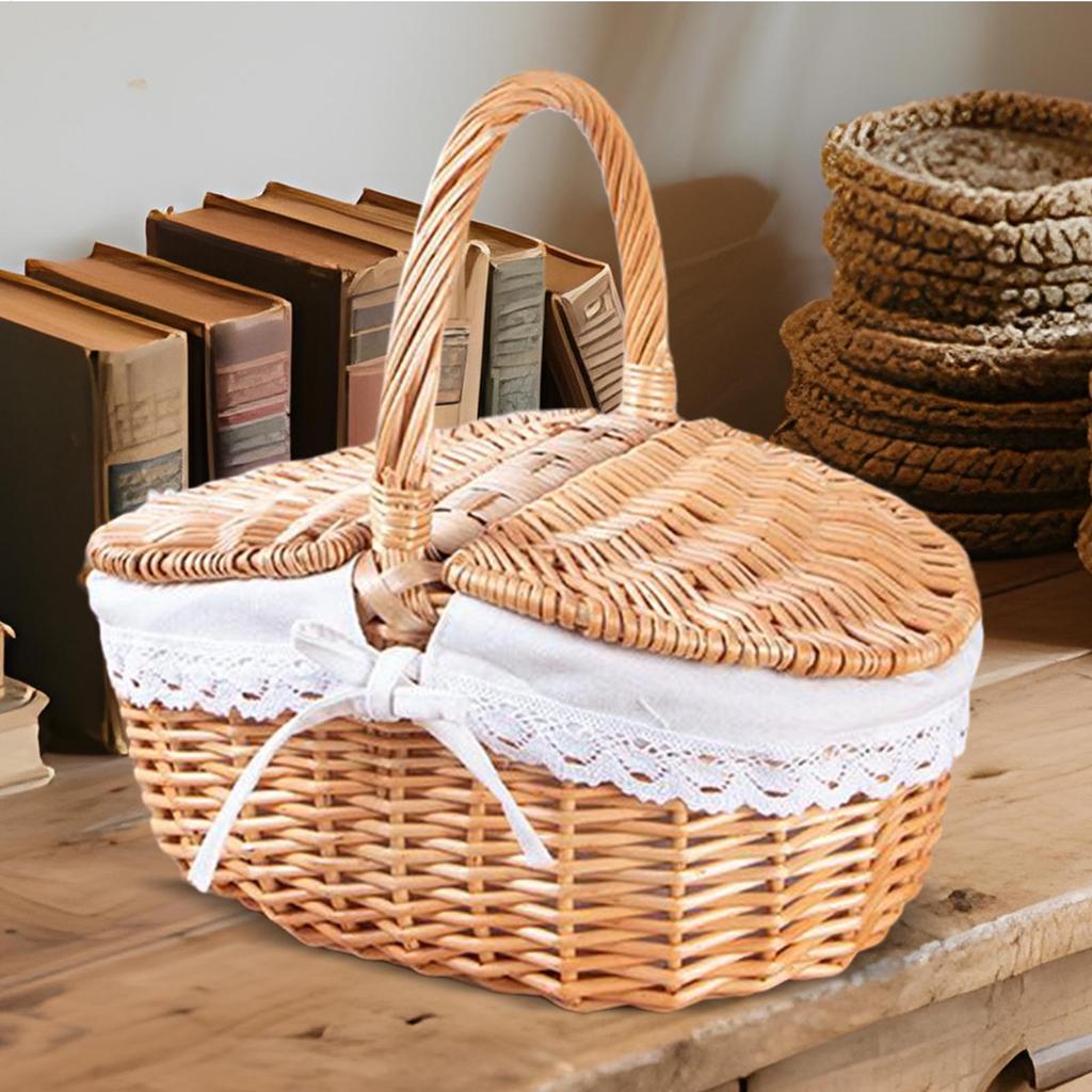 Vintage Rattan Woven Picnic Basket Hand-held Storage Basket With Handle Barbecue Accessories Wicker Woven Flower Basket