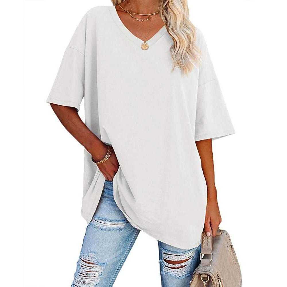European and American Women's Summer V-Neck Loose Cotton Top – Solid Color, Short-Sleeve