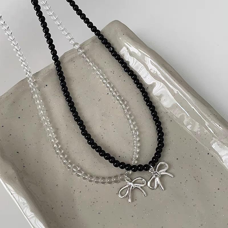 "Wind" Korean niche design transparent crystal beaded bow necklace temperament versatile new neck chain