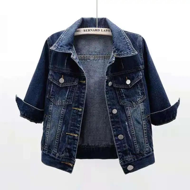 Dame Vår Høst Denimjakke Topper Rosa Farge Ensfarget Kort Flerfarget Trekvart Erme Jeansjakke