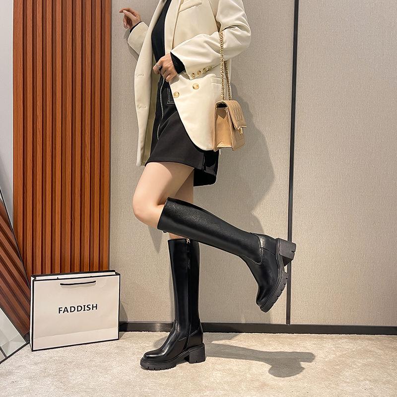 Genuine Leather Women's Knee-High Boots, Inner Height Increase, Thick Sole, High Heel, Velvet Lined, Small Size, Autumn/Winter.