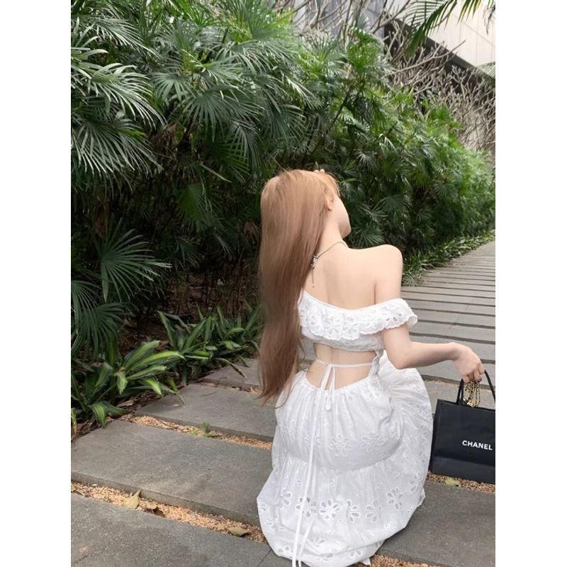 Kumikumi French Sweet Girl Style New Arrival off-the-Shoulder White Dress Women's Summer Waist Slimming A- line Skirt Long Dress