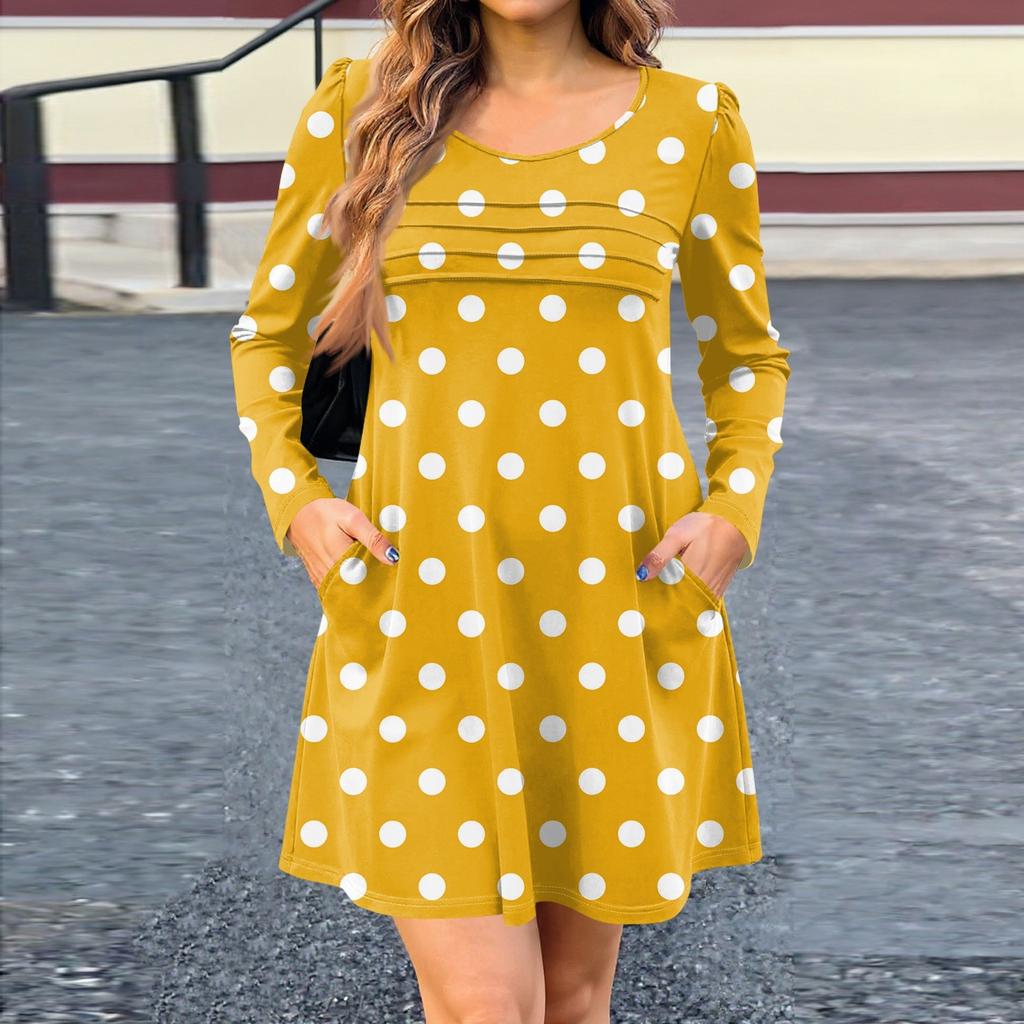 Women's Long Sleeve Dress Fall Casual T Shirt Loose Fit Pleated Front Dresses With Pockets