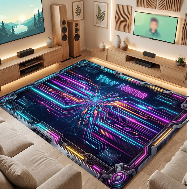 City Cyberpunk Theme Crystal Velvet Floor Rug Personalized Custom Name Text Warm Carpet Home Decoration