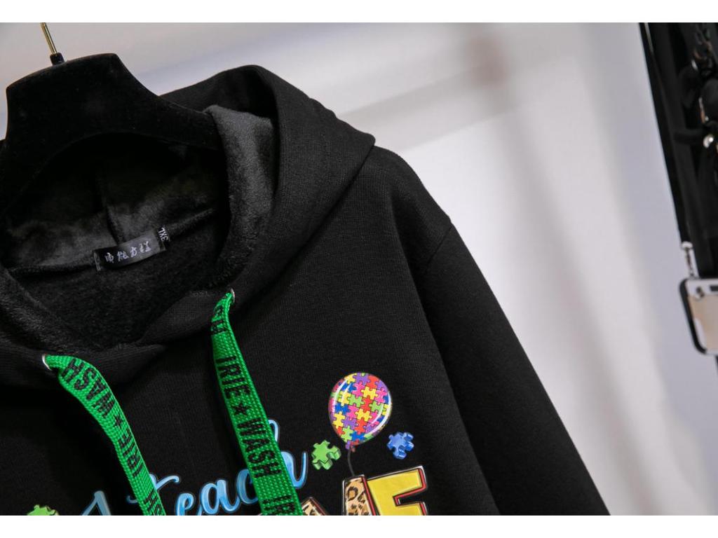 Plus Size Women's Hooded Sweatshirt - Autumn/Winter, Loose Fit, Long Sleeve, Trendy Letter Design, No-Pile American Style.