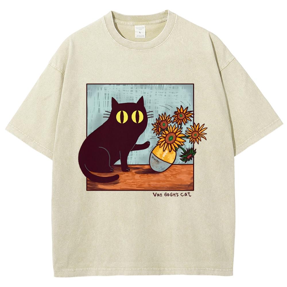 Cartoon Kitten Chrysanthemum Vase Print T-Shirt Round Neck Washed Shoulder Designer 2024 New Trendy Fashion Short Sleeves