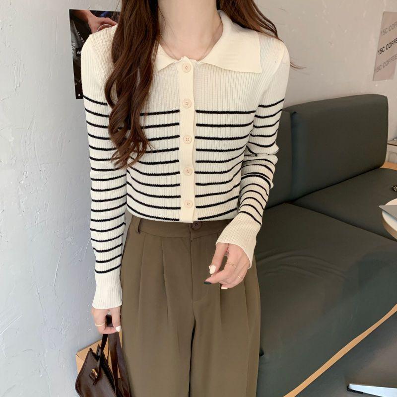 

Женский вязаный кардиган, новинка осени 2023, облегающий низ, тонкий полосатый свитер с длинными рукавами и воротником-поло, элегантный темперамент One size абрикосовый