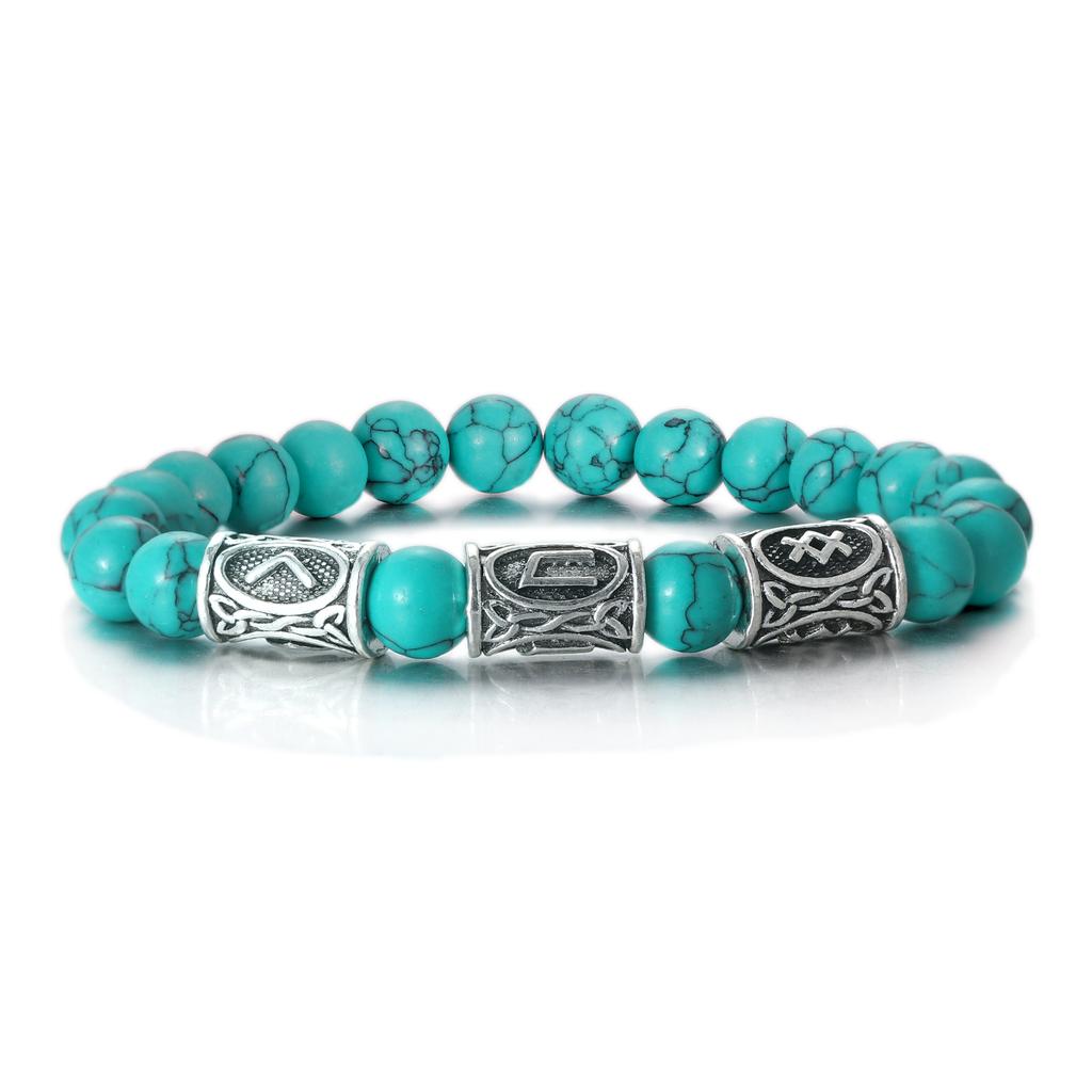 Viking Runes Bracelet for Men 8Mm Lava Obsidian Turquoise Beads Lucky Amulet Norse Jewelry Gift