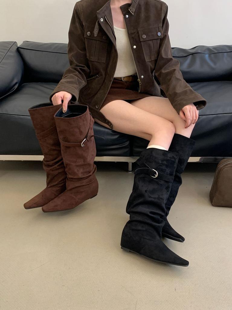 Pile boots women's knight boots retro suede inner height increase square head new fold tall women's boots
