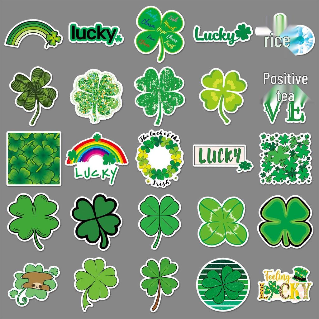 50 Sheets Waterproof Four-Leaf Clover Graffiti Stickers for DIY, Skateboard, Phone, and Luggage