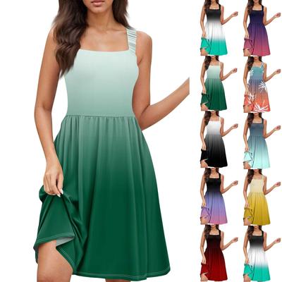 Damen Sommer Casual Square Neck Kleid mit Taschen Süßes ärmelloses A-Linien-Westen-Midikleid mit hoher Taille