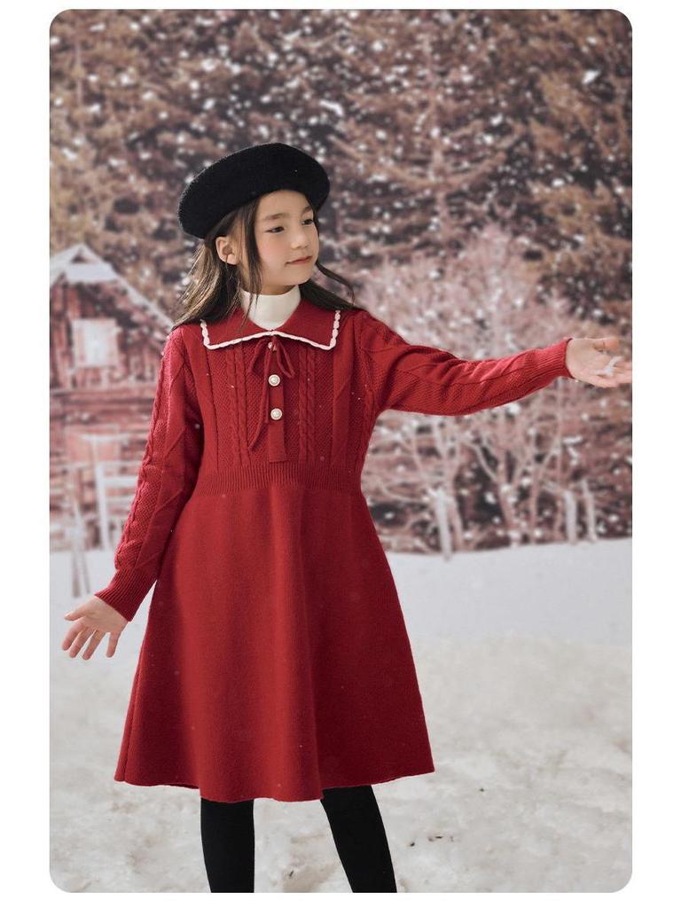 Sangluo Girls' Knit Woolen Dress - 2025 Autumn/Winter Red New Year Outfit