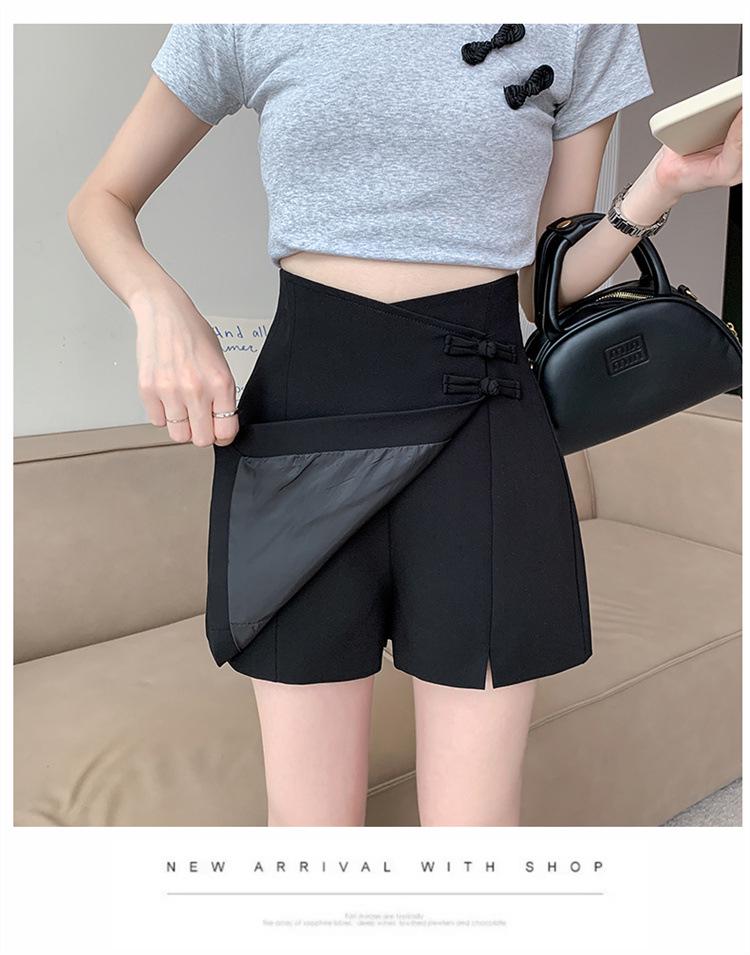 High Waist Chinese Style Midi Skirt with Irregular Frog Closure and Slit - Women's Summer Slimming A-Line Skirt Pants