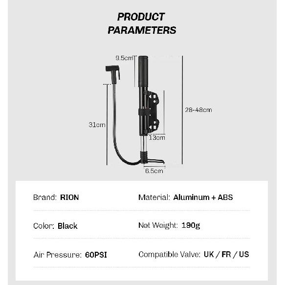 RION Bicycle Pump Portable Aluminum Bike Pumps UK FR US Valve Inflator Mountain Road Bike Accessories Lightweight Multi-function