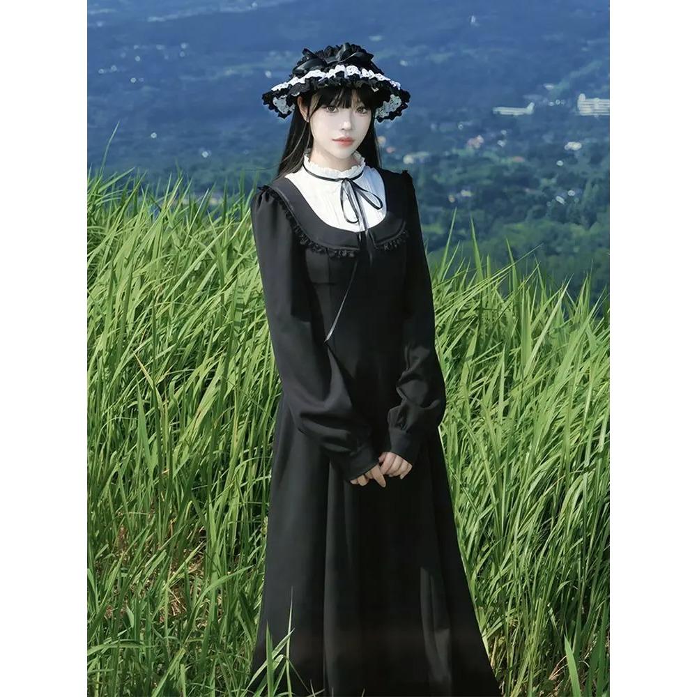 Vintage Balck Y2k Midi Dress Sweet Harajuku Gothic Long Sleeve Dress Autumn Winter A Line Lace Dress Women Korean Fashion