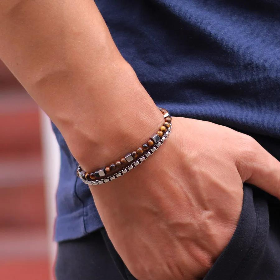 Fashion 2Pcs/Set Cuban Chain Bracelet With Stainless Steel 4mm Tiger Eyes Malachite Stone Strand Braslet Hiphop Rock Accessories