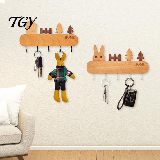 Adhesive Key Rack for Wall Wooden Holder with 5 Hooks, Cartoon House Theme Organizer, Multi Heavy Duty Screw Fixation Hooks Purpose Hanging