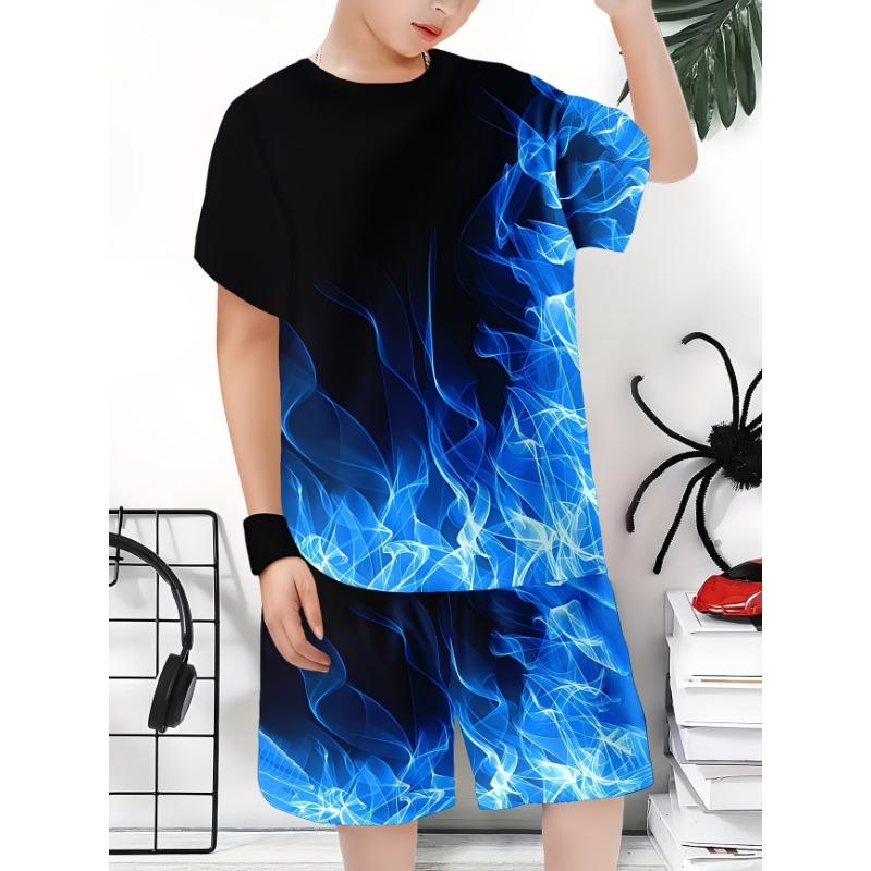 Summer Outfit Blue Flame Print Short Sleeve T-Shirt + Shorts Set Black Casual Sportswear Kids Streetwear Tracksuit