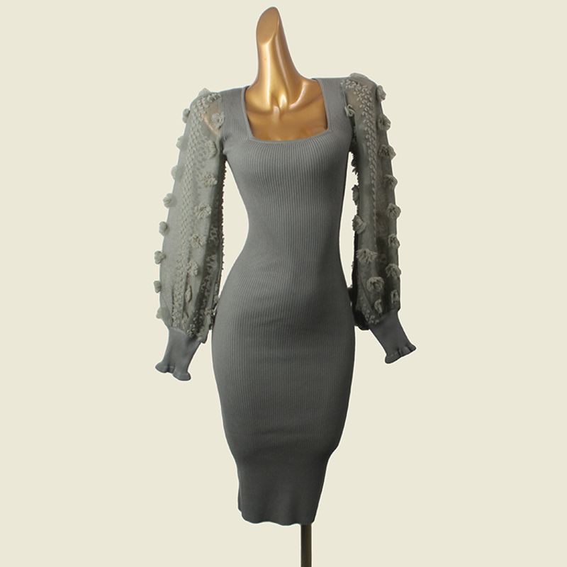 

Single Niche Style Square Collar Heavy Industry Lantern Sleeve Bodycon Dress Foreign Trade Original Order Rib Patchwork Flower Long Sleeves Dress Green S