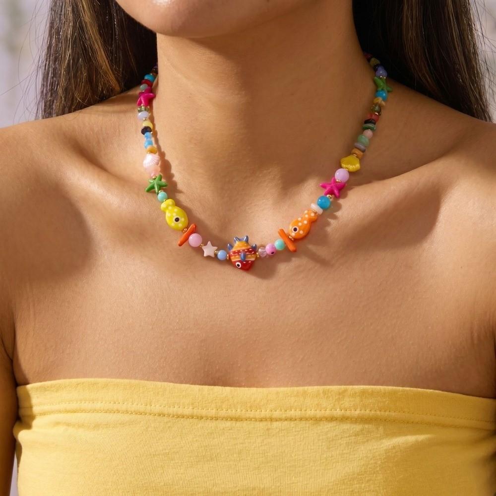 Fashion Ceramic Fish Charms Pendant Scallops Starfish Colorful Fish Necklace Ocean Series Resin Beaded Necklace Girls