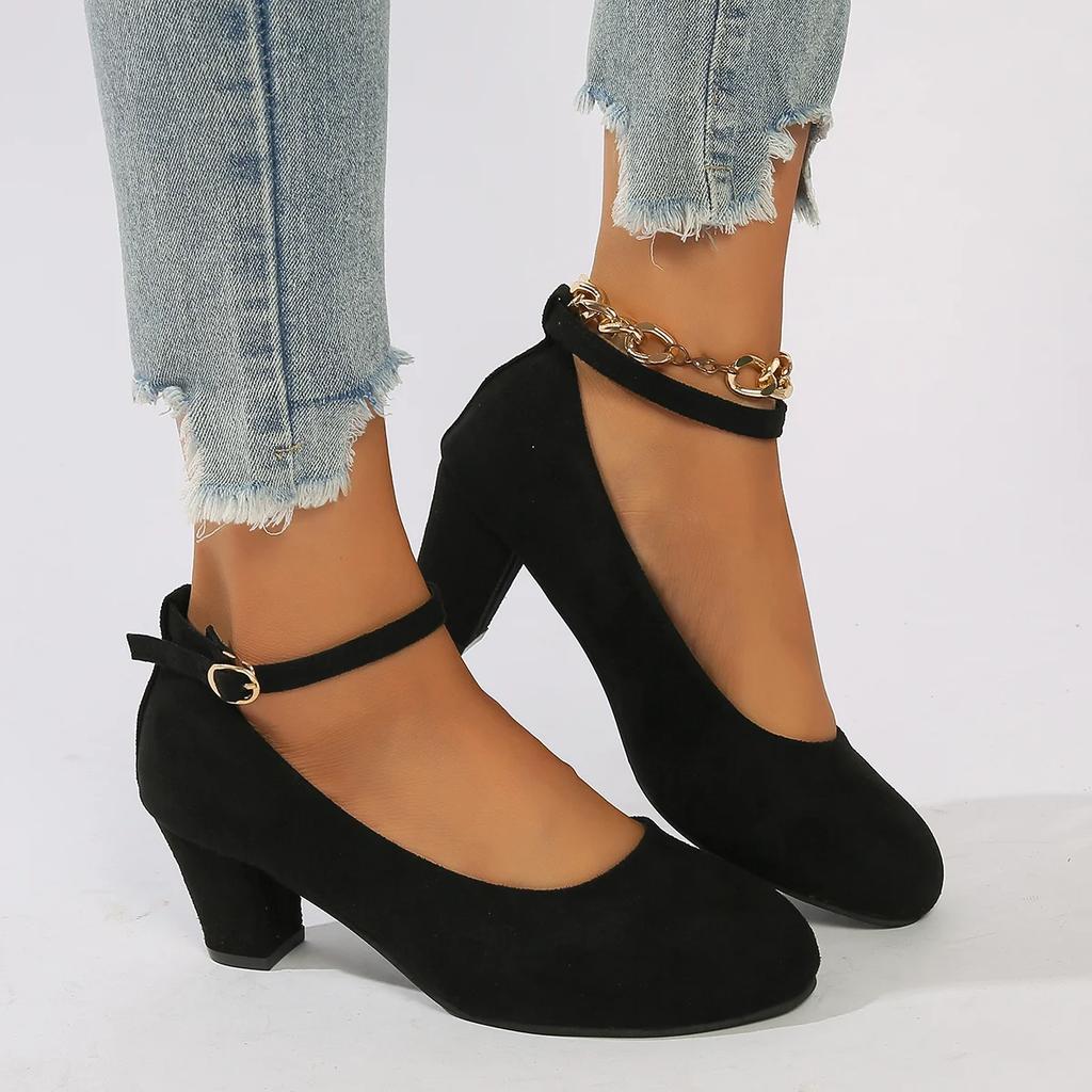 Fashion Women Pumps One-line Buckle Shallow Mouth High Heels 2025 New Thick Heels Women Shoes Large Size Work Shoes Zapatos De Mujer
