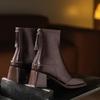 Retro Square Toe High Heel Ankle Boots for Women - Autumn/Winter Chunky Martin Boots In British Style, Red/Brown, 6CM Heel.
