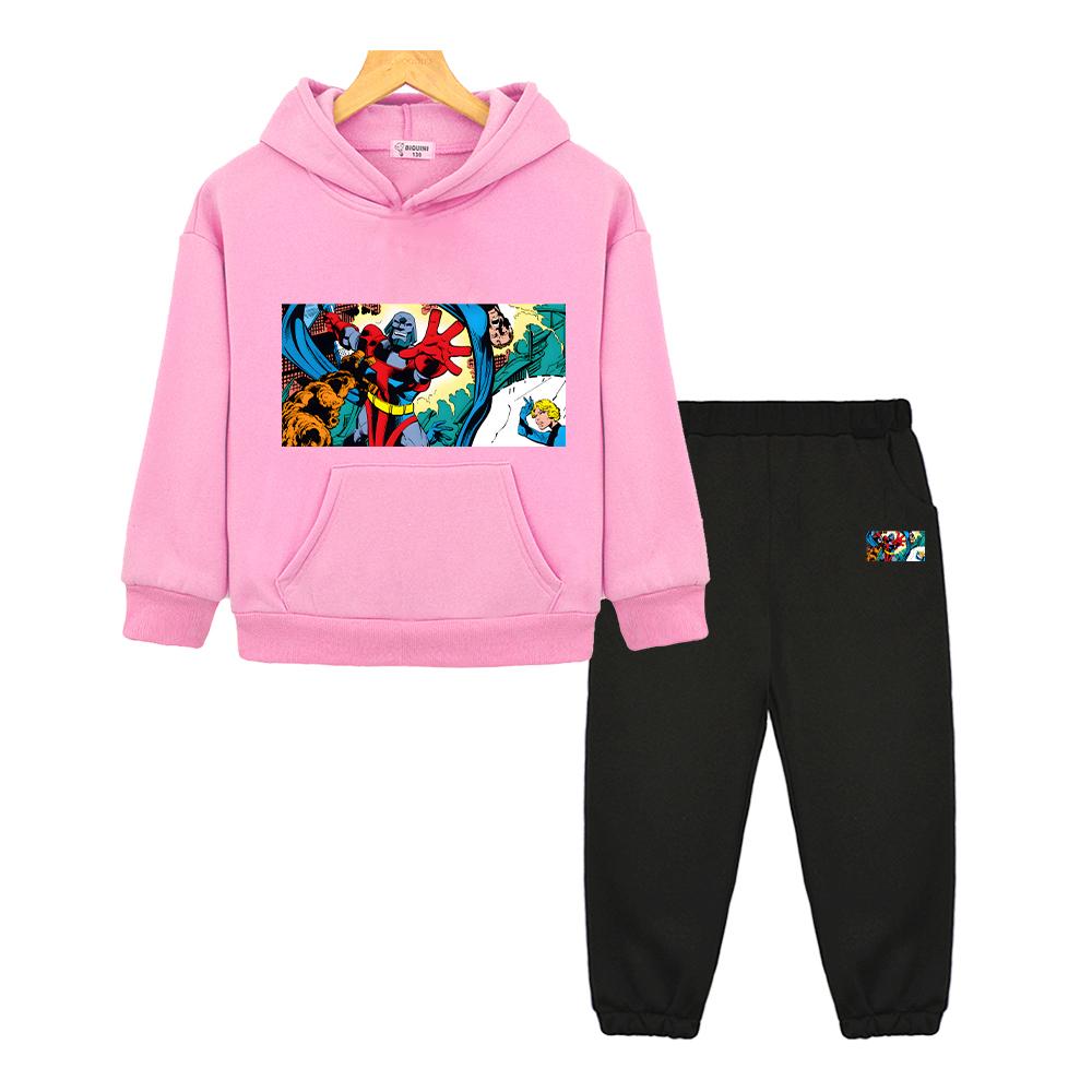 

New 2025 Autumn boys girls Hooded Sets Iron Man Anime hoodie Fleece Sweatshirt Jacket 2pcs pullover+Pants kids boutique clothes 130 розовый