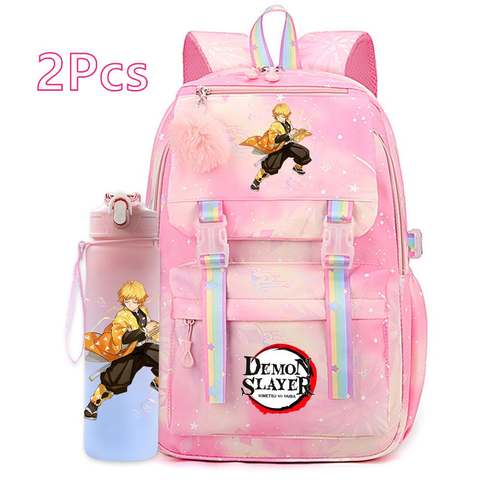 2Pcs/set Cartoon Demon Slayer Printed Backpack with 750Ml Water Bottler for Teenager Bookbag Large Capacity Waterproof Travel Bag