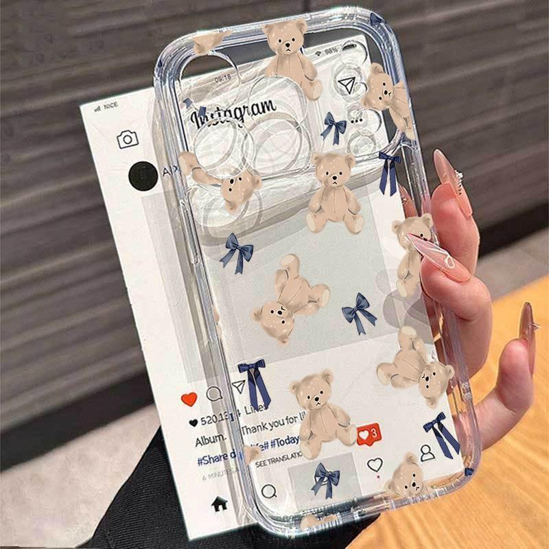 Teddy Bear Bowknot Phone Case For iPhone 17 16e 16 15 14 13 12 11 Mini Air Pro Max X XR XSMax 7 8 Plus Transparent Soft