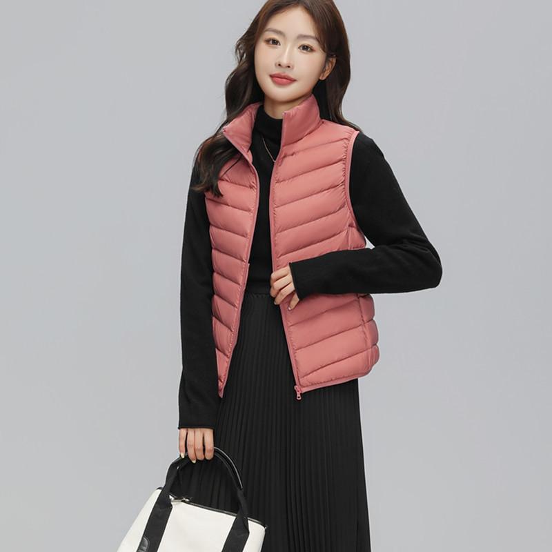 Women's Lightweight Down Vest Stand Collar Zip Up Sleeveless White Duck Down Padded Waistcoat Gilet