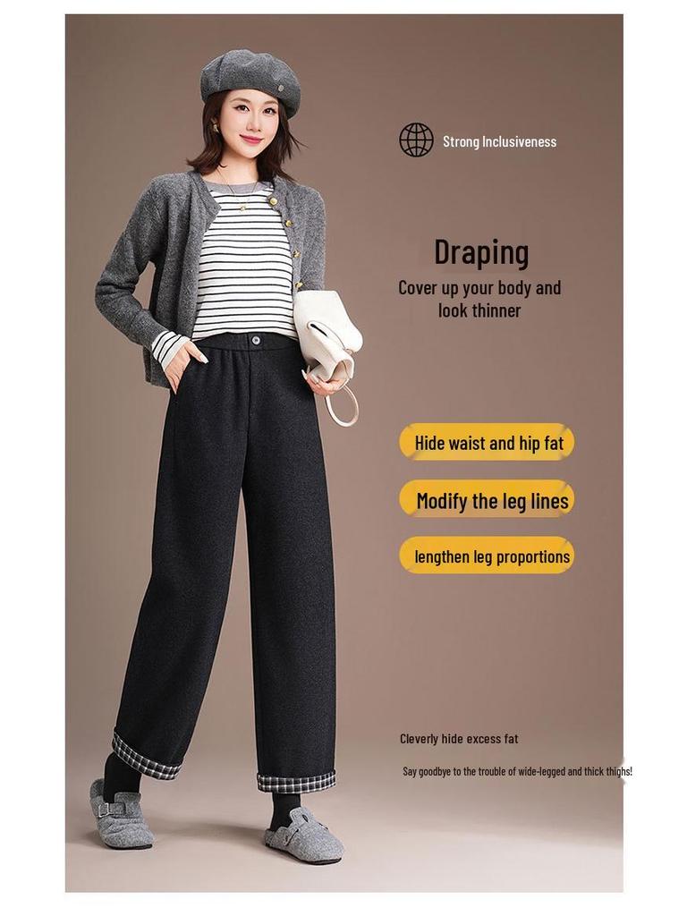 Brand Wool Women's High-Quality Casual High Waist Straight Leg Pants - Simple Luxurious Slimming Drape Design