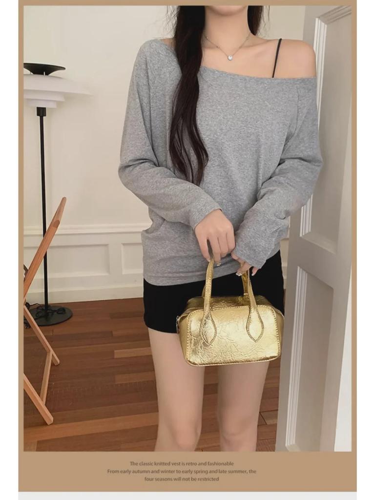 Dark Blue Off-the-Shoulder Long-Sleeve Women's Slimming Autumn Top